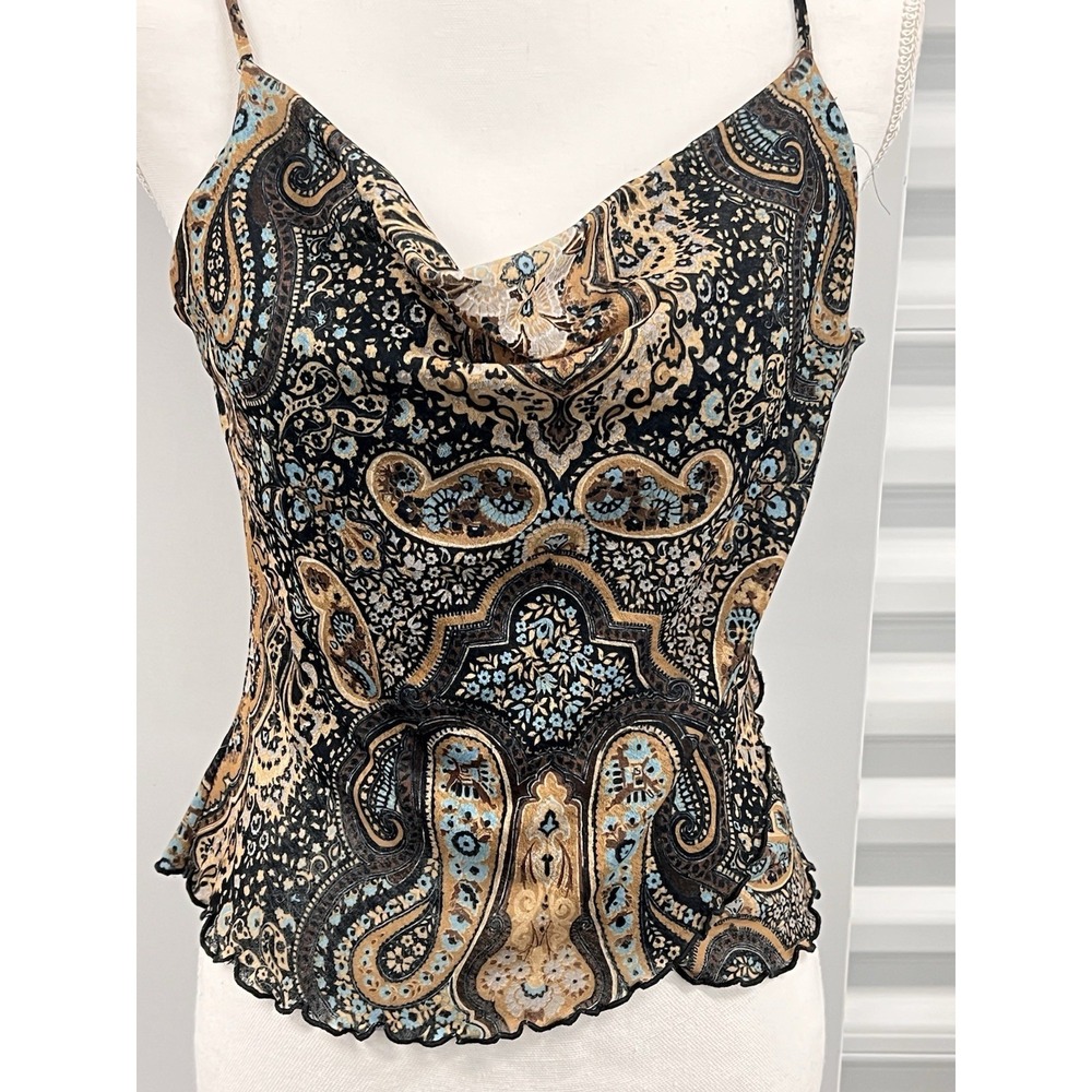 VTG Y2K Tank Babydoll Semi-Sheer Boho Paisley Drape Neck Spaghetti Strap A Byer